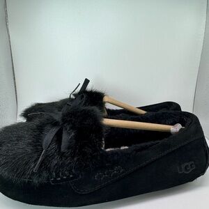 UGG Black Moccasin Slippers with Fur Trim
